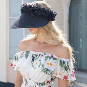 Black Wide Brim Straw Sun Visor Ruffle Trim Beach Hat NWT